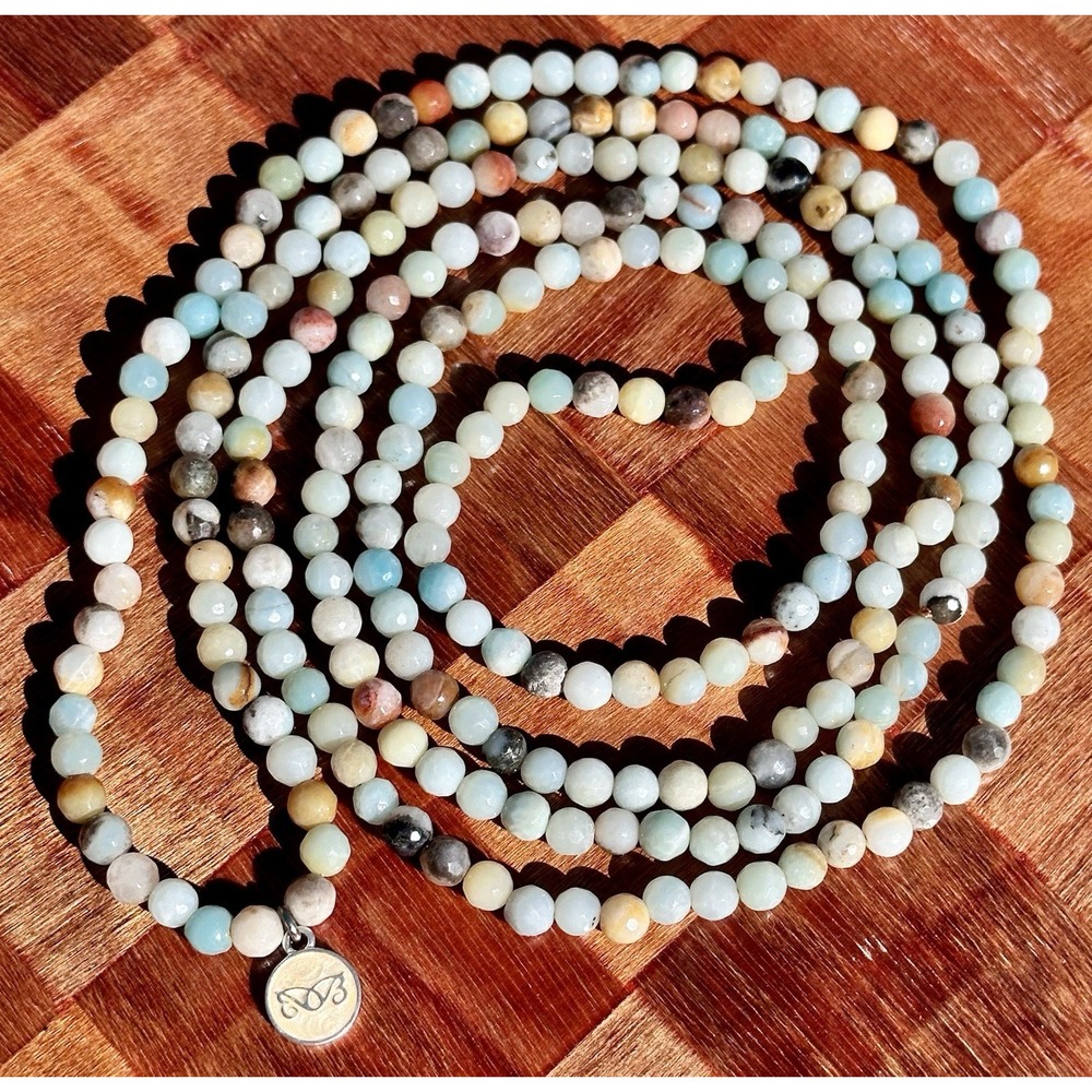 30" Amazonite Gemstone Mala Beaded Necklace 6mm Faceted Beads w/ Butterfly Charm